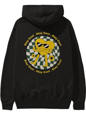 Ankhises Stay Cool Yazılı Arka Baskılı Siyah Oversize Kapüşonlu Sweatshirt Erkek Kadın
