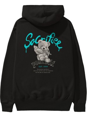 Ankhises Sacrifice Yourself Bear Arka Baskılı Siyah Oversize Kapüşonlu Sweatshirt Erkek Kadın
