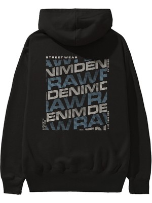 Ankhises Raw Denim Arka Baskılı Siyah Oversize Kapüşonlu Sweatshirt Erkek Kadın