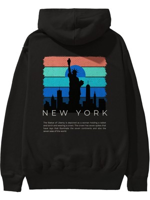 Ankhises New York Yazılı Arka Baskılı Siyah Oversize Kapüşonlu Sweatshirt Erkek Kadın