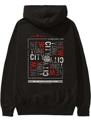 Ankhises New York Style 2 Arka Baskılı Siyah Oversize Kapüşonlu Sweatshirt Erkek Kadın
