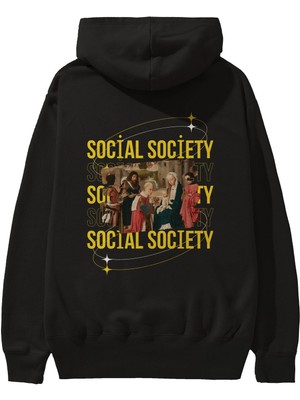 Ankhises Social Society Yazılı Arka Baskılı Siyah Oversize Kapüşonlu Sweatshirt Erkek Kadın