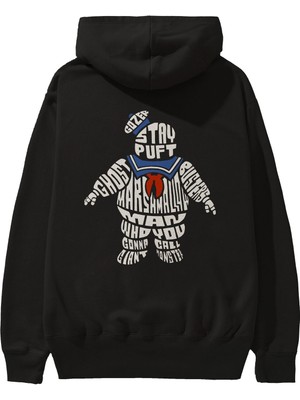 Ankhises Stay Puft Arka Baskılı Siyah Oversize Kapüşonlu Sweatshirt Erkek Kadın