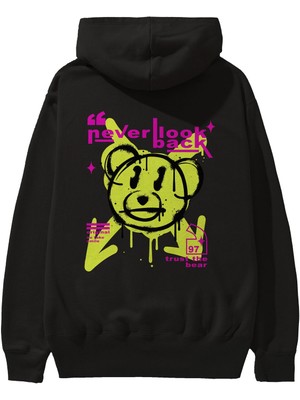 Ankhises Never Look Back Bear Arka Baskılı Siyah Oversize Kapüşonlu Sweatshirt Erkek Kadın