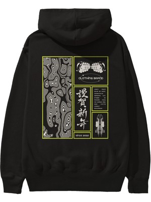 Ankhises Neon Japanese Streetwear Arka Baskılı Siyah Oversize Kapüşonlu Sweatshirt Erkek Kadın