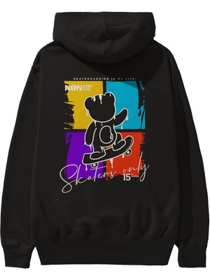 Ankhises Skaters Only Bear Arka Baskılı Siyah Oversize Kapüşonlu Sweatshirt Erkek Kadın