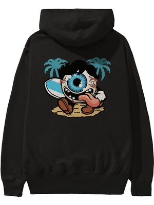 Ankhises Eye Ball Surfer Arka Baskılı Siyah Oversize Kapüşonlu Sweatshirt Erkek Kadın