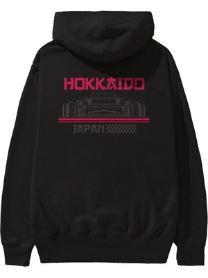 Ankhises Hokkaido Arka Baskılı Siyah Oversize Kapüşonlu Sweatshirt Erkek Kadın