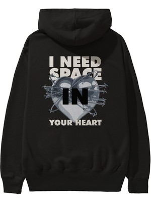 Ankhises I Need Space Your Heart Arka Baskılı Siyah Oversize Kapüşonlu Sweatshirt Erkek Kadın