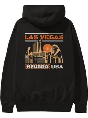 Ankhises Las Vegas Arka Baskılı Siyah Oversize Kapüşonlu Sweatshirt Erkek Kadın