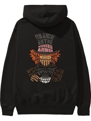 Ankhises Madhatter Arka Baskılı Siyah Oversize Kapüşonlu Sweatshirt Erkek Kadın