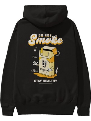 Ankhises Do Not Smoke Arka Baskılı Siyah Oversize Kapüşonlu Sweatshirt Erkek Kadın