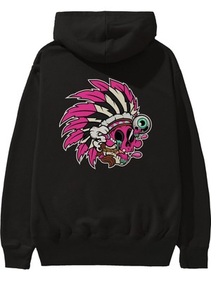 Ankhises Skull Indian Arka Baskılı Siyah Oversize Kapüşonlu Sweatshirt Erkek Kadın