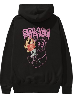 Ankhises Solage Bear Arka Baskılı Siyah Oversize Kapüşonlu Sweatshirt Erkek Kadın