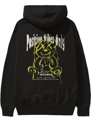 Ankhises Positive Vibes Only Bear Arka Baskılı Siyah Oversize Kapüşonlu Sweatshirt Erkek Kadın