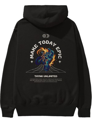 Ankhises Make Today Epic Arka Baskılı Siyah Oversize Kapüşonlu Sweatshirt Erkek Kadın