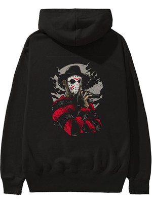 Ankhises Freddy Vs Jasonc Arka Baskılı Siyah Oversize Kapüşonlu Sweatshirt Erkek Kadın