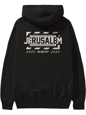 Ankhises Jerusalem Arka Baskılı Siyah Oversize Kapüşonlu Sweatshirt Erkek Kadın