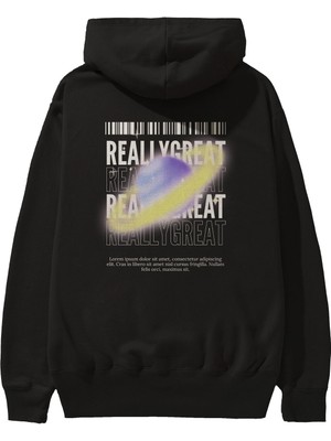 Ankhises Really Great 2 Yazılı Arka Baskılı Siyah Oversize Kapüşonlu Sweatshirt Erkek Kadın