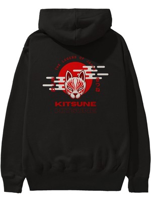 Ankhises Kitsune Mask Arka Baskılı Siyah Oversize Kapüşonlu Sweatshirt Erkek Kadın