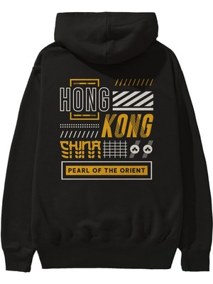 Ankhises Hong Kong Arka Baskılı Siyah Oversize Kapüşonlu Sweatshirt Erkek Kadın