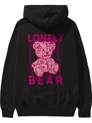 Ankhises Lonely Bear Arka Baskılı Siyah Oversize Kapüşonlu Sweatshirt Erkek Kadın