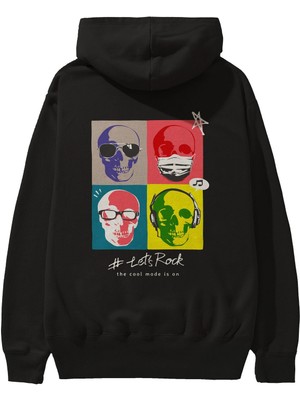 Ankhises Lets Rock Arka Baskılı Siyah Oversize Kapüşonlu Sweatshirt Erkek Kadın