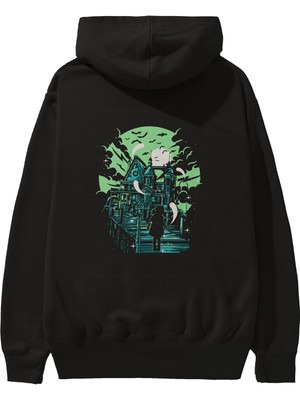 Ankhises Haunted House Arka Baskılı Siyah Oversize Kapüşonlu Sweatshirt Erkek Kadın