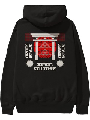 Ankhises Jomon Culture Arka Baskılı Siyah Oversize Kapüşonlu Sweatshirt Erkek Kadın