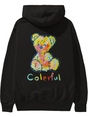 Ankhises Colerful Bear Arka Baskılı Siyah Oversize Kapüşonlu Sweatshirt Erkek Kadın