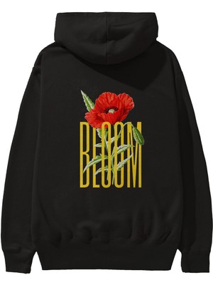 Ankhises Bloom Flower Arka Baskılı Siyah Oversize Kapüşonlu Sweatshirt Erkek Kadın