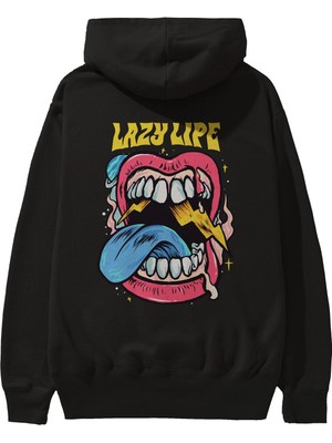 Ankhises Lazy Lipe Arka Baskılı Siyah Oversize Kapüşonlu Sweatshirt Erkek Kadın