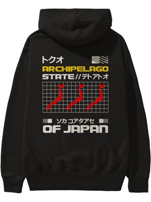 Ankhises Archipelago State Arka Baskılı Siyah Oversize Kapüşonlu Sweatshirt Erkek Kadın