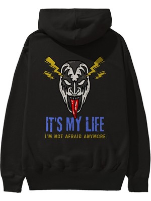 Ankhises Its My Life Yazılı Arka Baskılı Siyah Oversize Kapüşonlu Sweatshirt Erkek Kadın