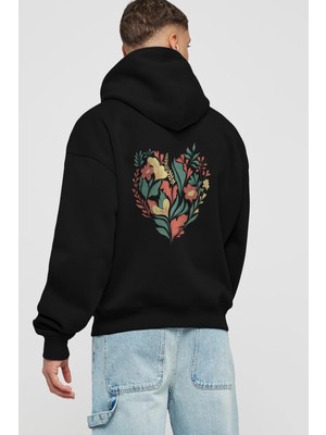 Ankhises Çiçek Kalp Arka Baskılı Siyah Oversize Kapüşonlu Sweatshirt Erkek Kadın