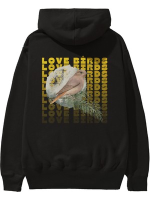 Ankhises Love Birds Yazılı Arka Baskılı Siyah Oversize Kapüşonlu Sweatshirt Erkek Kadın