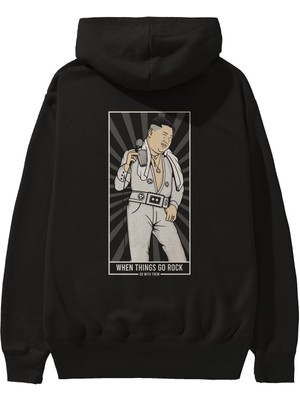 Ankhises Kim Elvis Arka Baskılı Siyah Oversize Kapüşonlu Sweatshirt Erkek Kadın