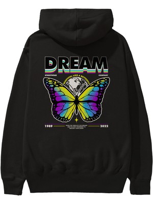 Ankhises Dream Company Arka Baskılı Siyah Oversize Kapüşonlu Sweatshirt Erkek Kadın