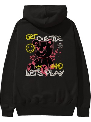Ankhises Get Outside Bear Arka Baskılı Siyah Oversize Kapüşonlu Sweatshirt Erkek Kadın