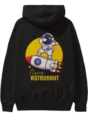 Ankhises Flying Astronaut Yazılı Arka Baskılı Siyah Oversize Kapüşonlu Sweatshirt Erkek Kadın