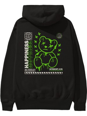 Ankhises Happiness Bear 3 Arka Baskılı Siyah Oversize Kapüşonlu Sweatshirt Erkek Kadın