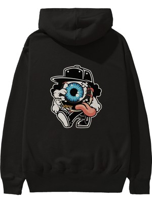 Ankhises Eyeball Arka Baskılı Siyah Oversize Kapüşonlu Sweatshirt Erkek Kadın