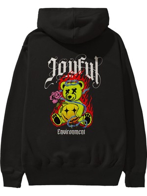 Ankhises Joyful Bear Arka Baskılı Siyah Oversize Kapüşonlu Sweatshirt Erkek Kadın