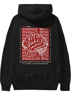 Ankhises Positive Mind Arka Baskılı Siyah Oversize Kapüşonlu Sweatshirt Erkek Kadın