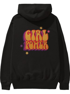 Ankhises Girl Power Yazılı Arka Baskılı Siyah Oversize Kapüşonlu Sweatshirt Erkek Kadın