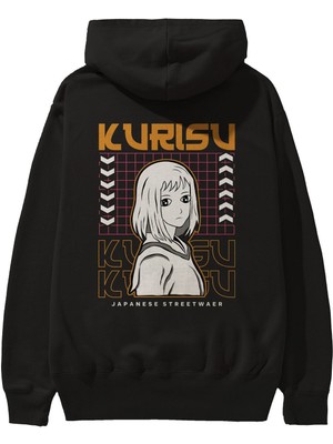 Ankhises Kurisu Arka Baskılı Siyah Oversize Kapüşonlu Sweatshirt Erkek Kadın