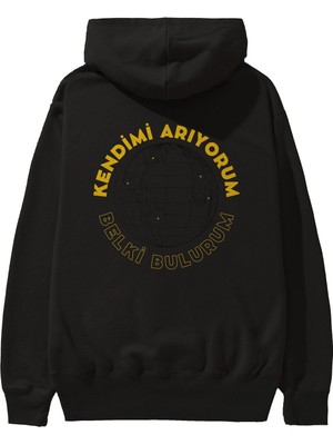 Ankhises Kendimi Arıyorum Yazılı Arka Baskılı Siyah Oversize Kapüşonlu Sweatshirt Erkek Kadın
