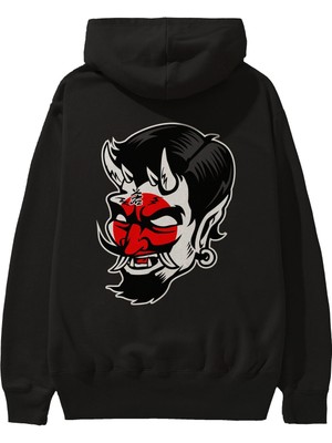 Ankhises Japanese Devil Arka Baskılı Siyah Oversize Kapüşonlu Sweatshirt Erkek Kadın