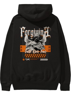 Ankhises Faith Over Fear 2 Arka Baskılı Siyah Oversize Kapüşonlu Sweatshirt Erkek Kadın