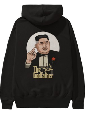 Ankhises Godfather Jong Un Arka Baskılı Siyah Oversize Kapüşonlu Sweatshirt Erkek Kadın